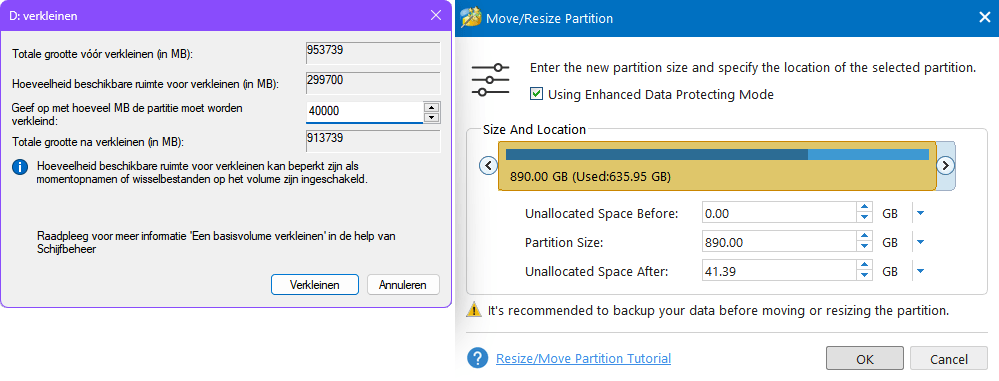 Ruimte vrijmaken door een partitie te verkleinen: links Windows, rechts MiniTool.