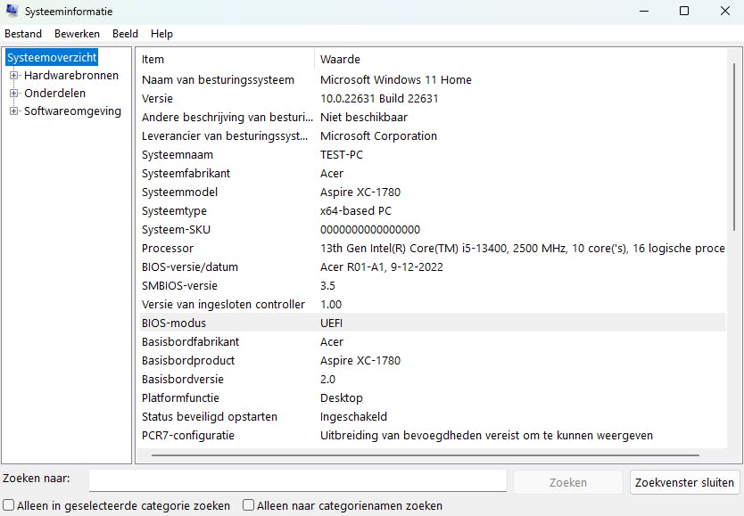 Via Systeeminformatie kom je snel te weten of je systeem in UEFI-modus werkt.