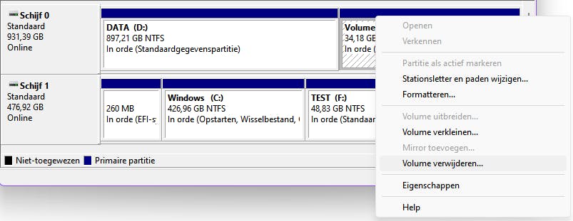 Haal de niet langer gebruikte Linux-partitie(s) weg via Schijfbeheer.