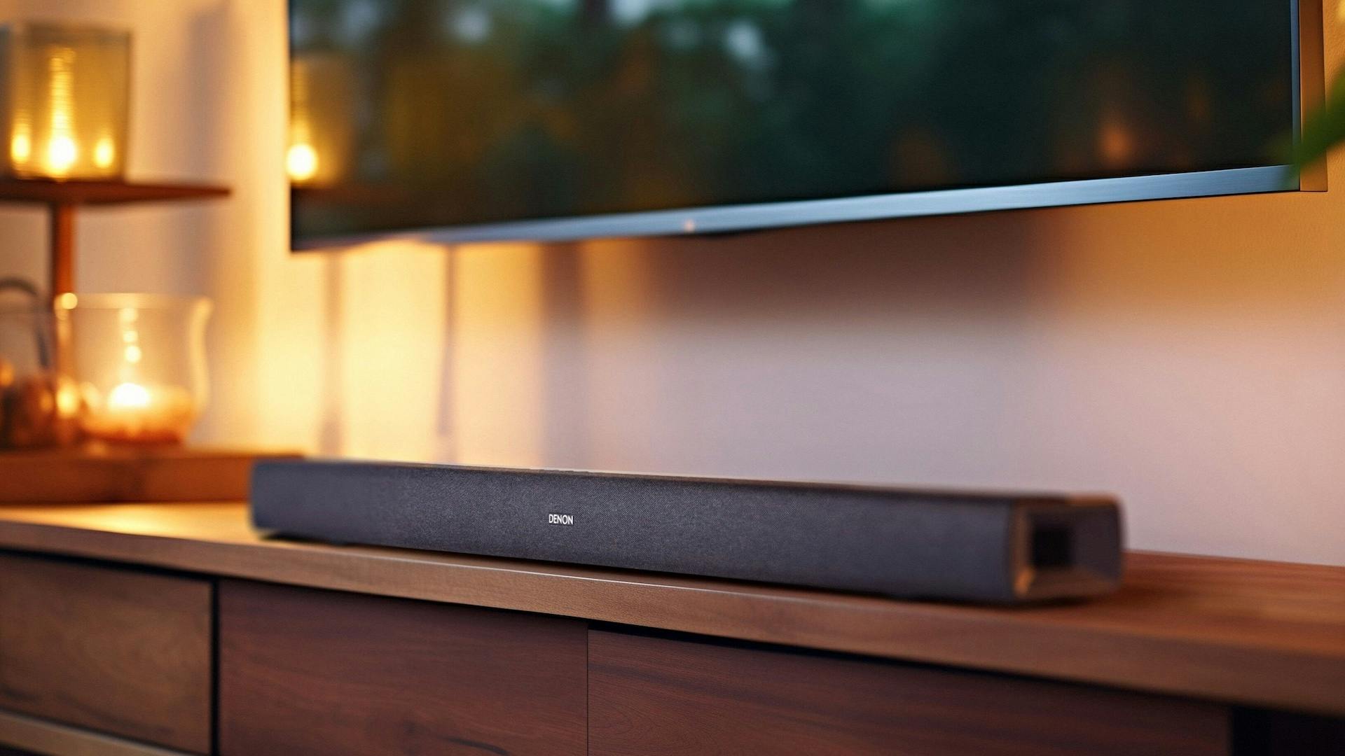Denon DHT-S218 soundbar op een meubel.