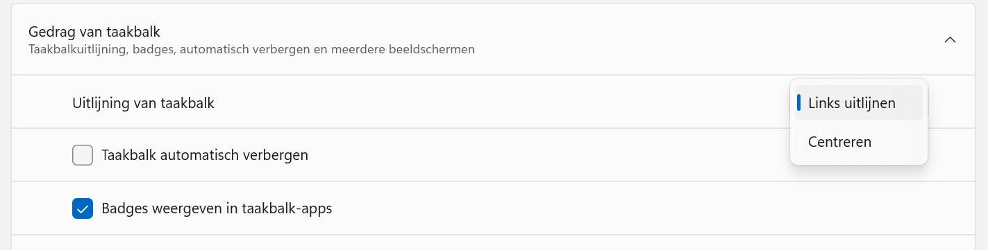 De startknop en de taakbalkknoppen kun je weer links uitlijnen.