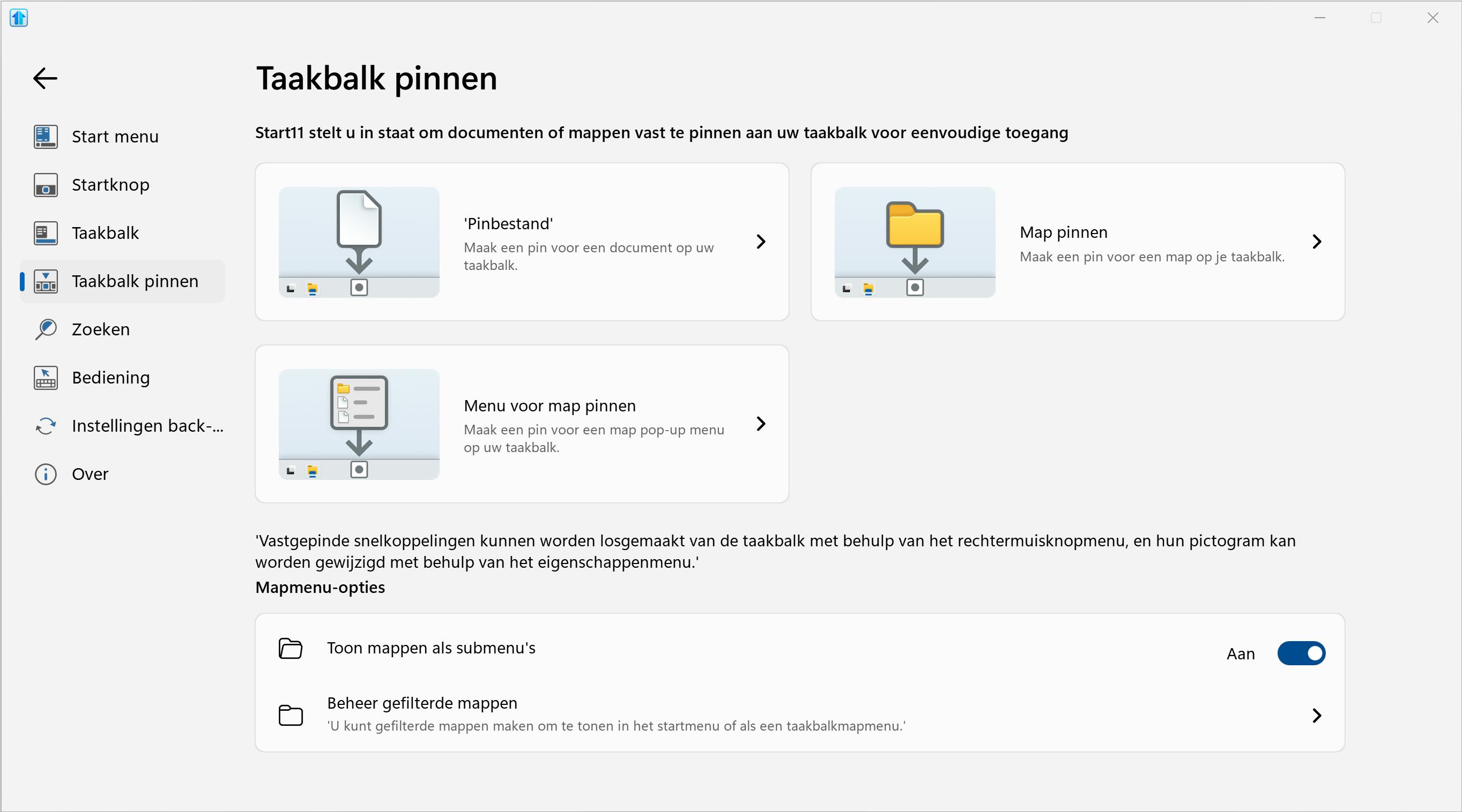 Met Start11 kun je mappen en bestanden vastmaken aan de taakbalk.
