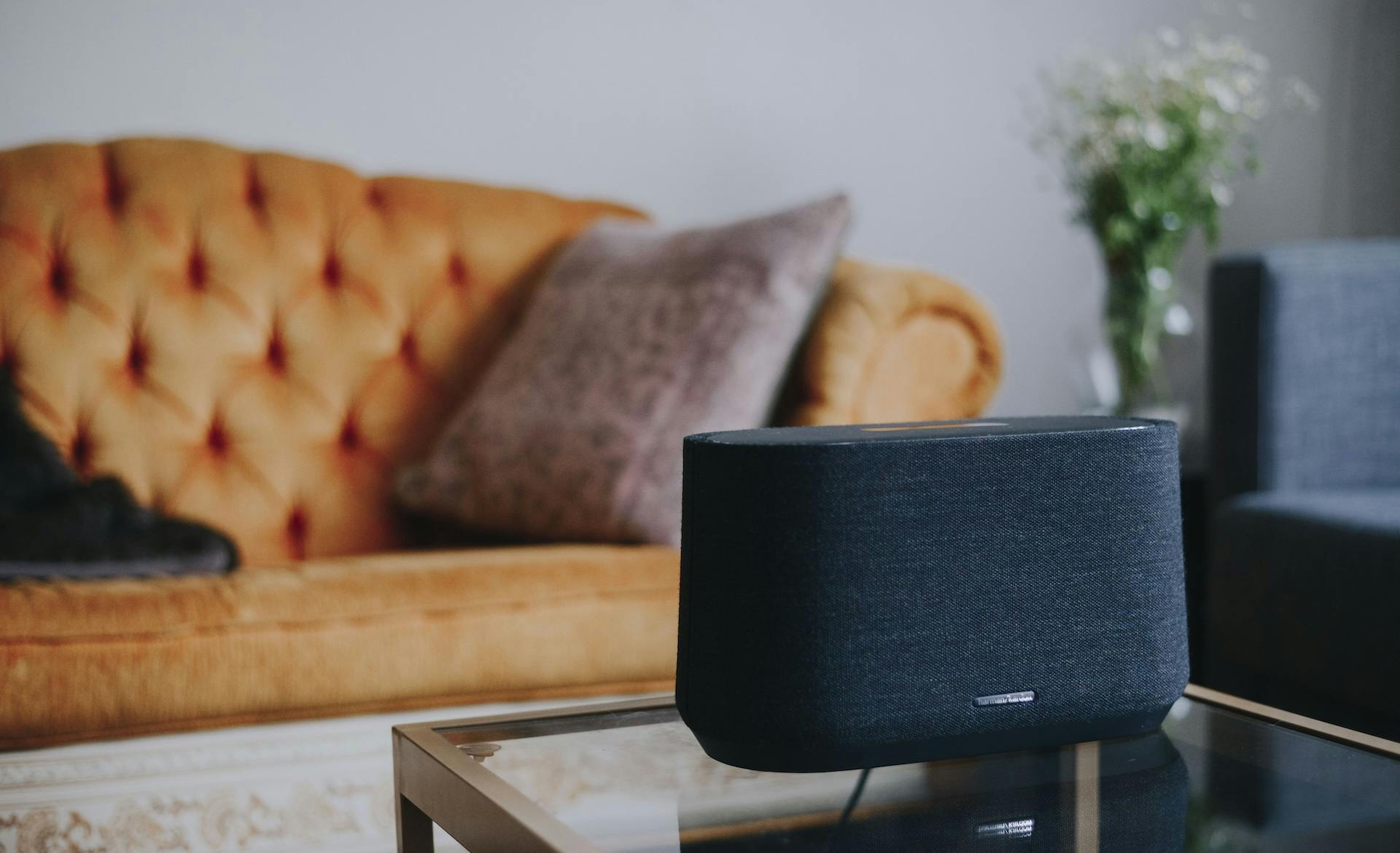 Een Harman Kardon Citation 300 speaker in een woonkamer.