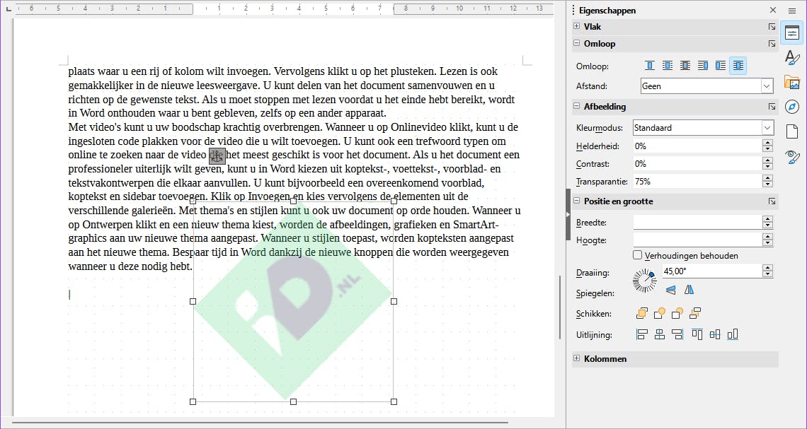 Vanuit het eigenschappenvenster maak je in Writer van een plaatje in no-time een watermerk.