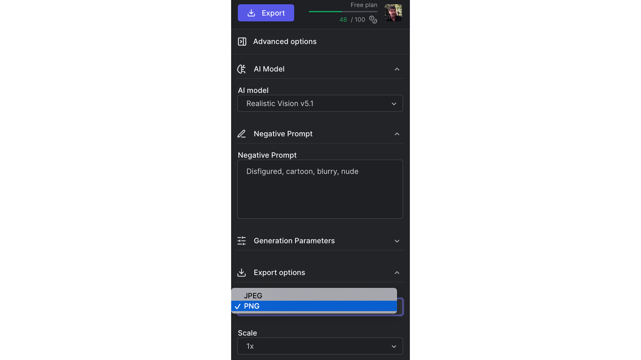 Je kunt exporteren in de jpg- of in de png-indeling.