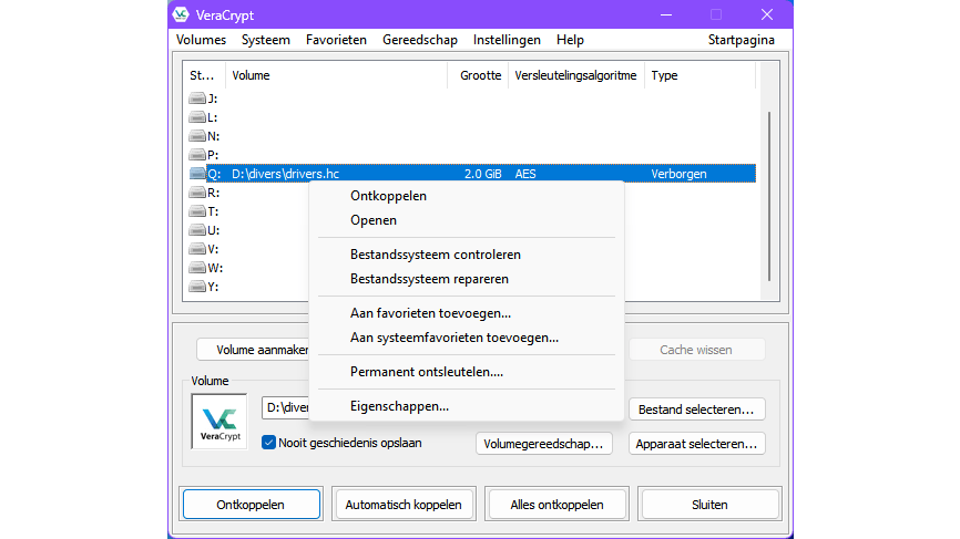 Het verborgen volume is alleen toegankelijk én zichtbaar met het juiste wachtwoord.