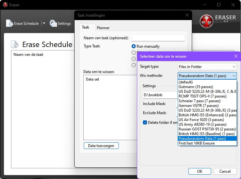 Met Eraser kun je één bestand shredden maar bijvoorbeeld ook een complete partitie.