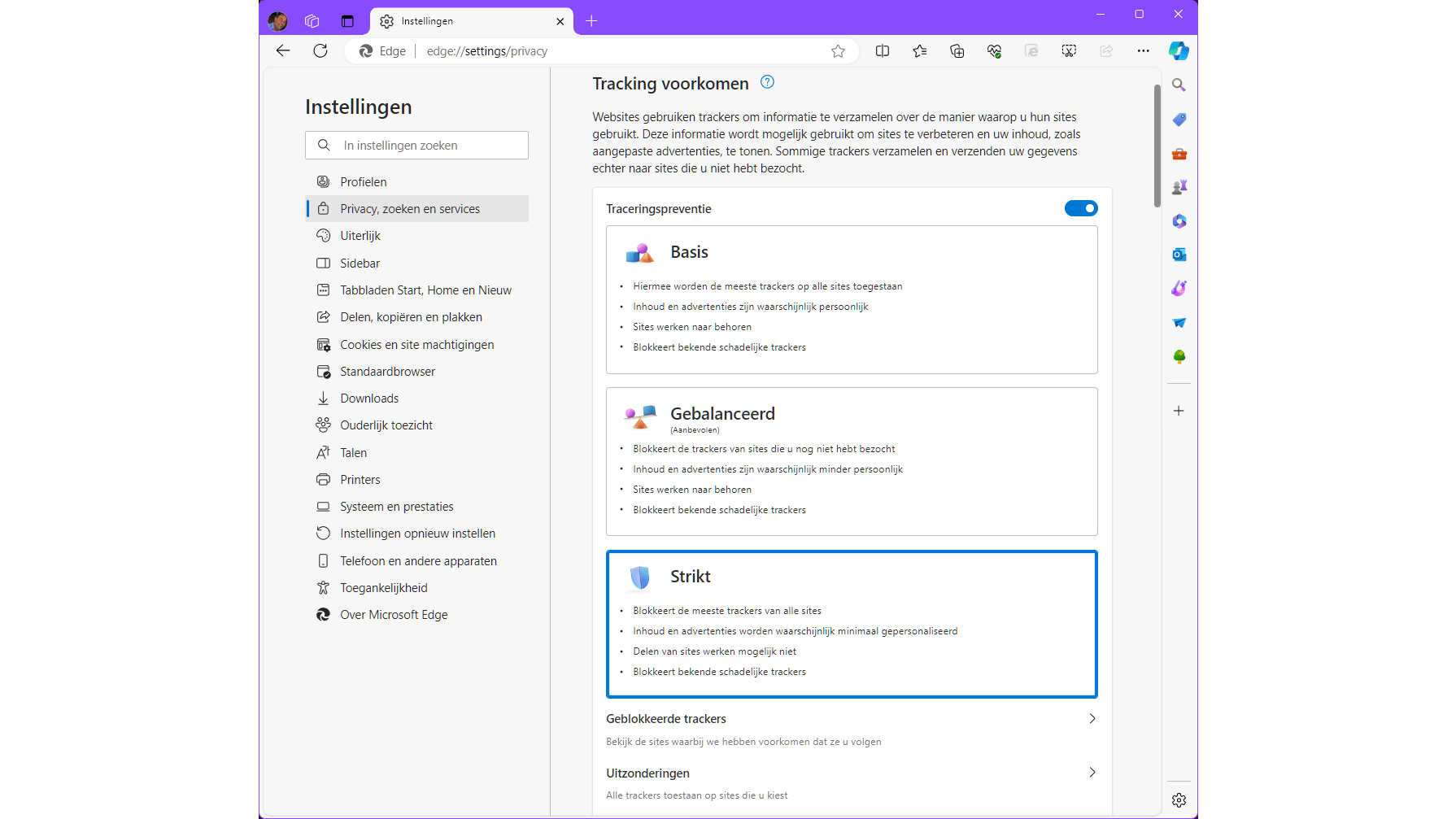 Je kunt de traceringspreventie van Edge instellen op Strikt (maar weet dat sommige sites dan niet langer vlekkeloos functioneren).
