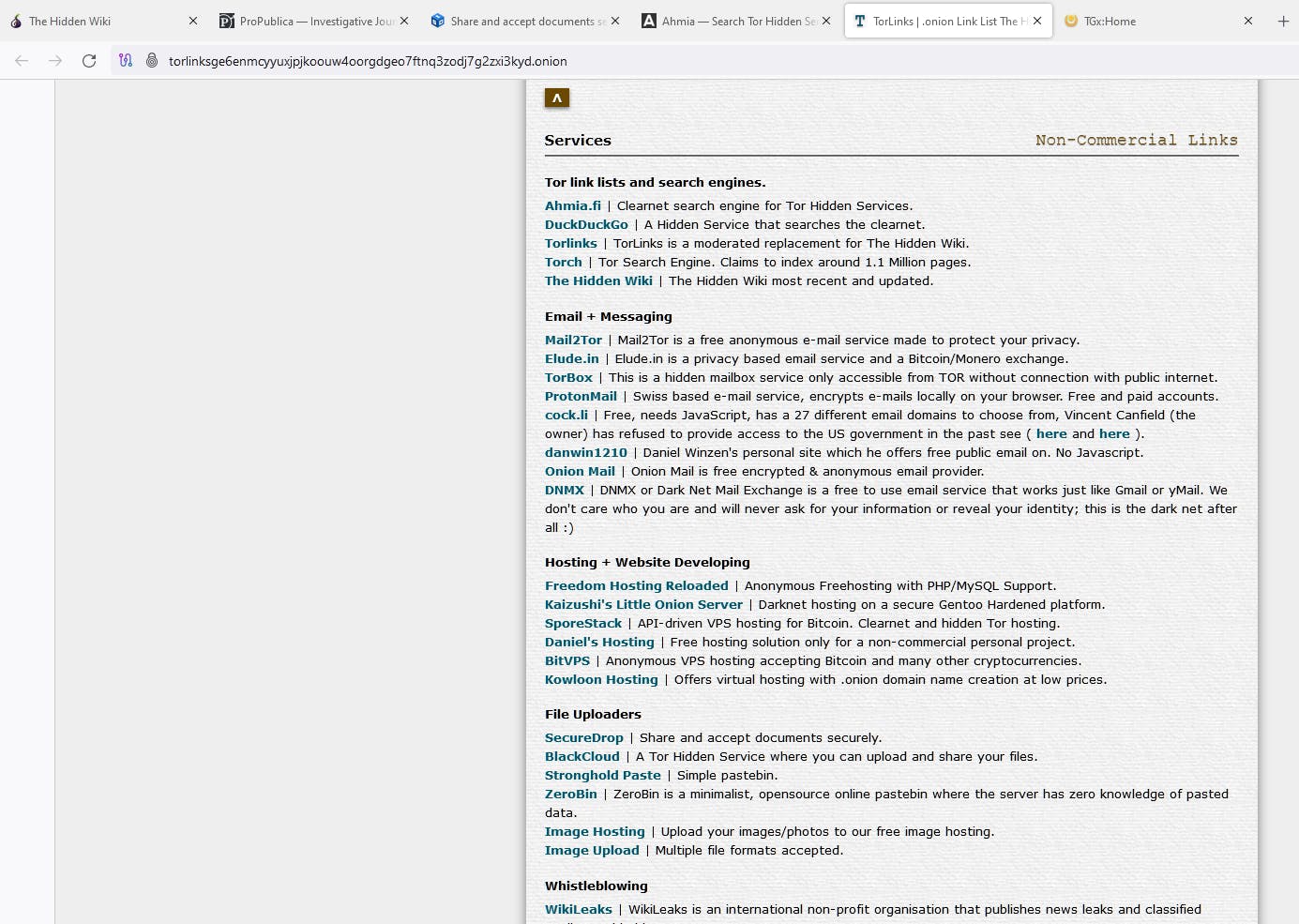 Een kleine greep uit de onion-linkcollectie van Tor Links, vanuit Tor-Browser.