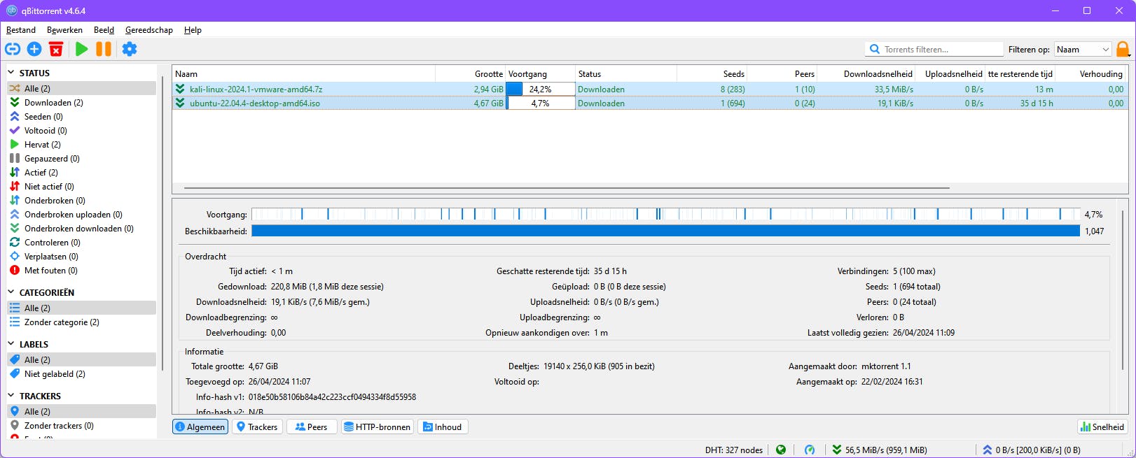 qBittorrent is volop bezig met het downloaden (en mogelijk ook uploaden) van Kali Linux en Ubuntu.