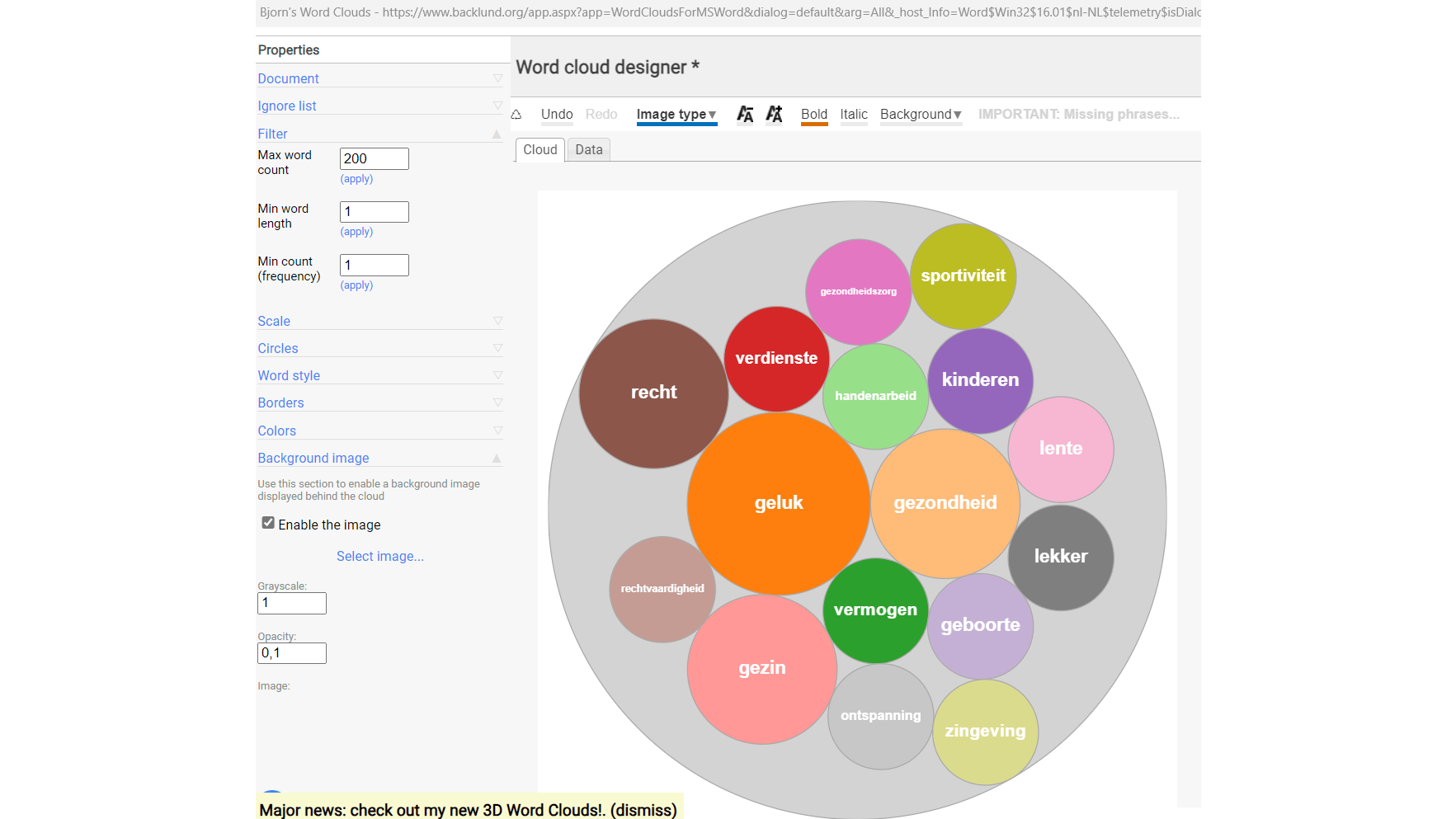 In plaats van een woordenwolk kun je ook een schijfweergave kiezen.