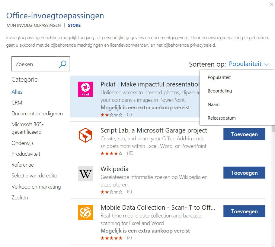Als je filtert op Releasedatum kom je snel bij de nieuwste invoegtoepassingen.