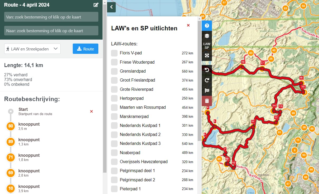 Een online routeplanner: via knooppunten of via een selectie uit LAW’s en streekpaden.