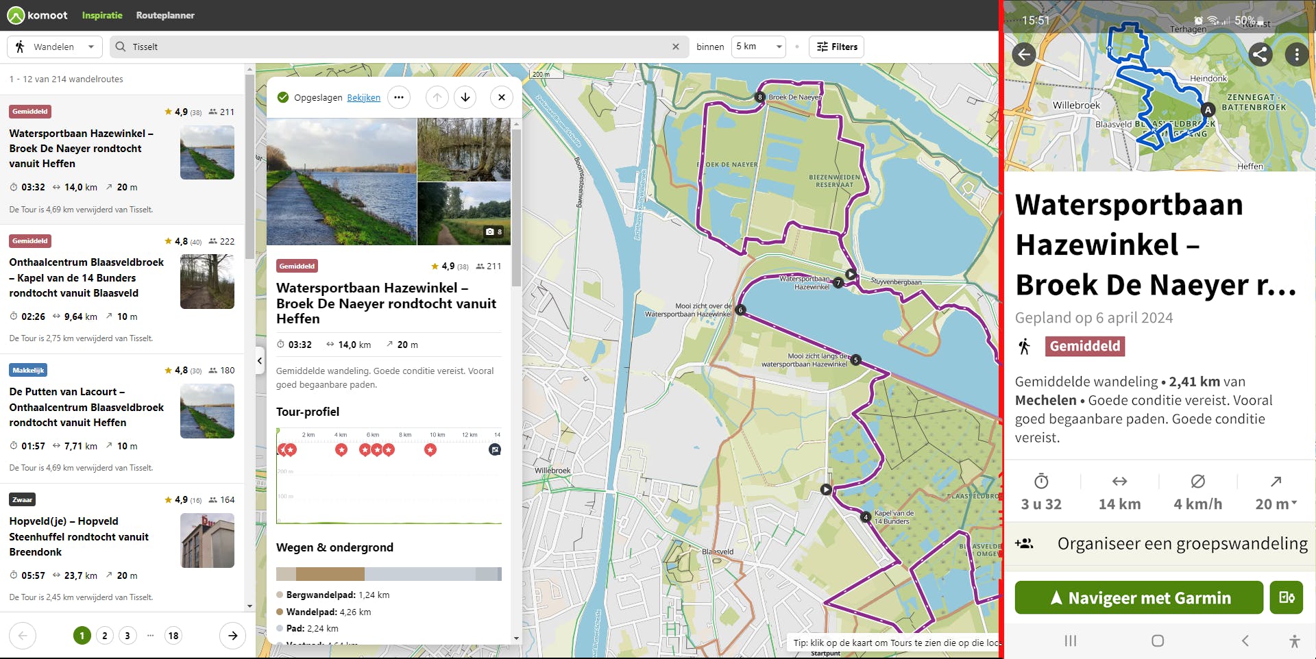 De website met opgeslagen route en (rechts) de mobiele app met dezelfde route.