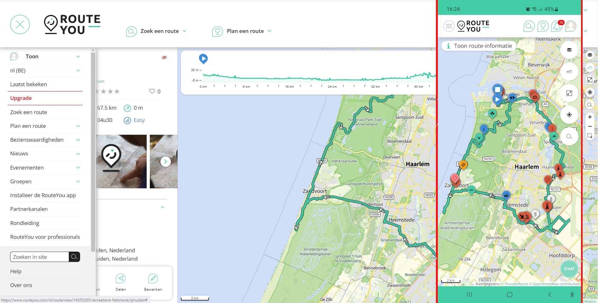 Bij RouteYou zijn de interface en de mogelijkheden van de site en de app vrijwel identiek.