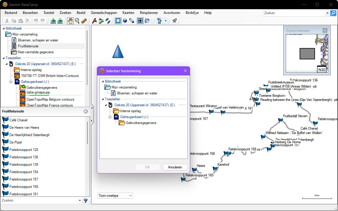 Met Garmin Basecamp kun je routes beheren.