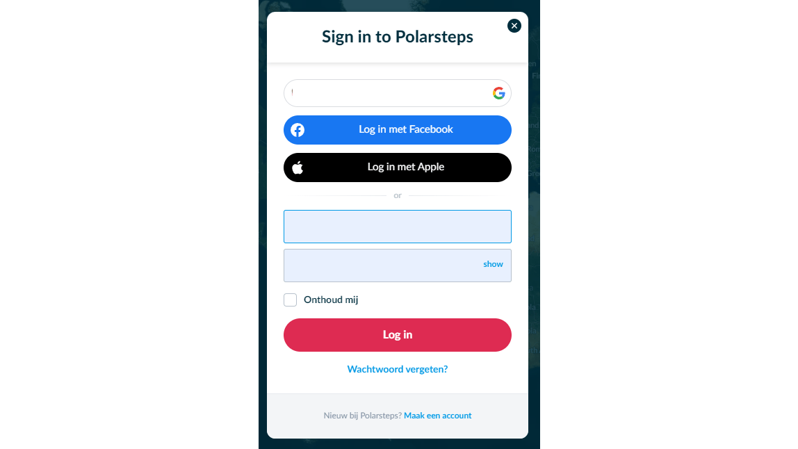 Je logt in met een account dat je aanmaakt bij Polarsteps, of je gebruikt je Google- of Facebook-account.