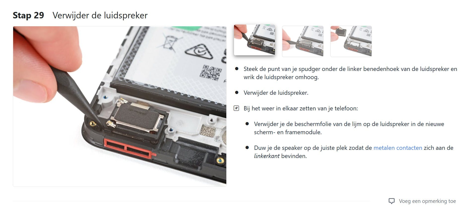 Het scherm vervangen vergt 36 stappen, waaronder deze.