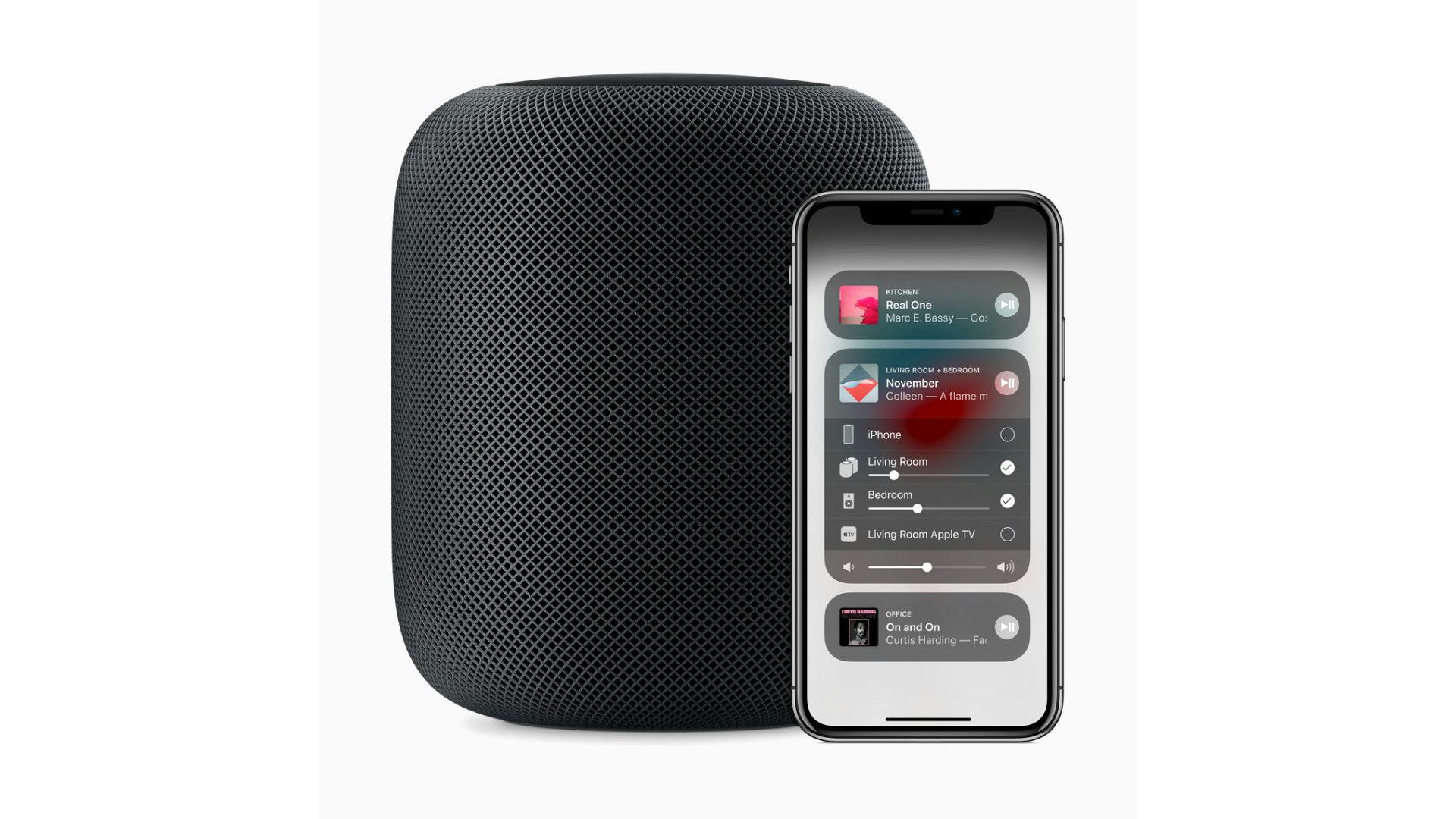 Apple iPhone met een zwarte HomePod.