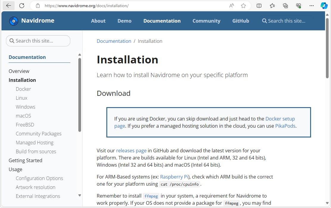 In de documentatie vind je diverse opties voor de installatie van Navidrome.