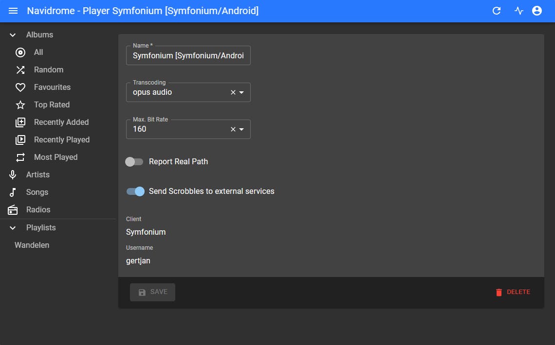 In Navidrome kun je per muziekspeler kiezen of transcoding moet worden gebruikt.