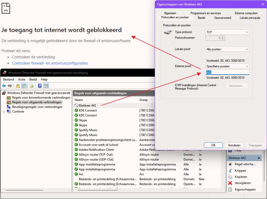 Met deze firewall-regel blokkeer je de communicatie met alle https-webservers.