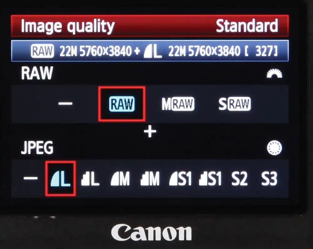 Op deze Canon-spiegelreflex kun je uit twee beeldformaten kiezen: RAW en JPEG.