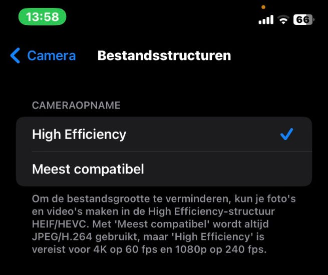 Op iPhones kies je zelf in welk standaardformaat je foto’s opslaat.