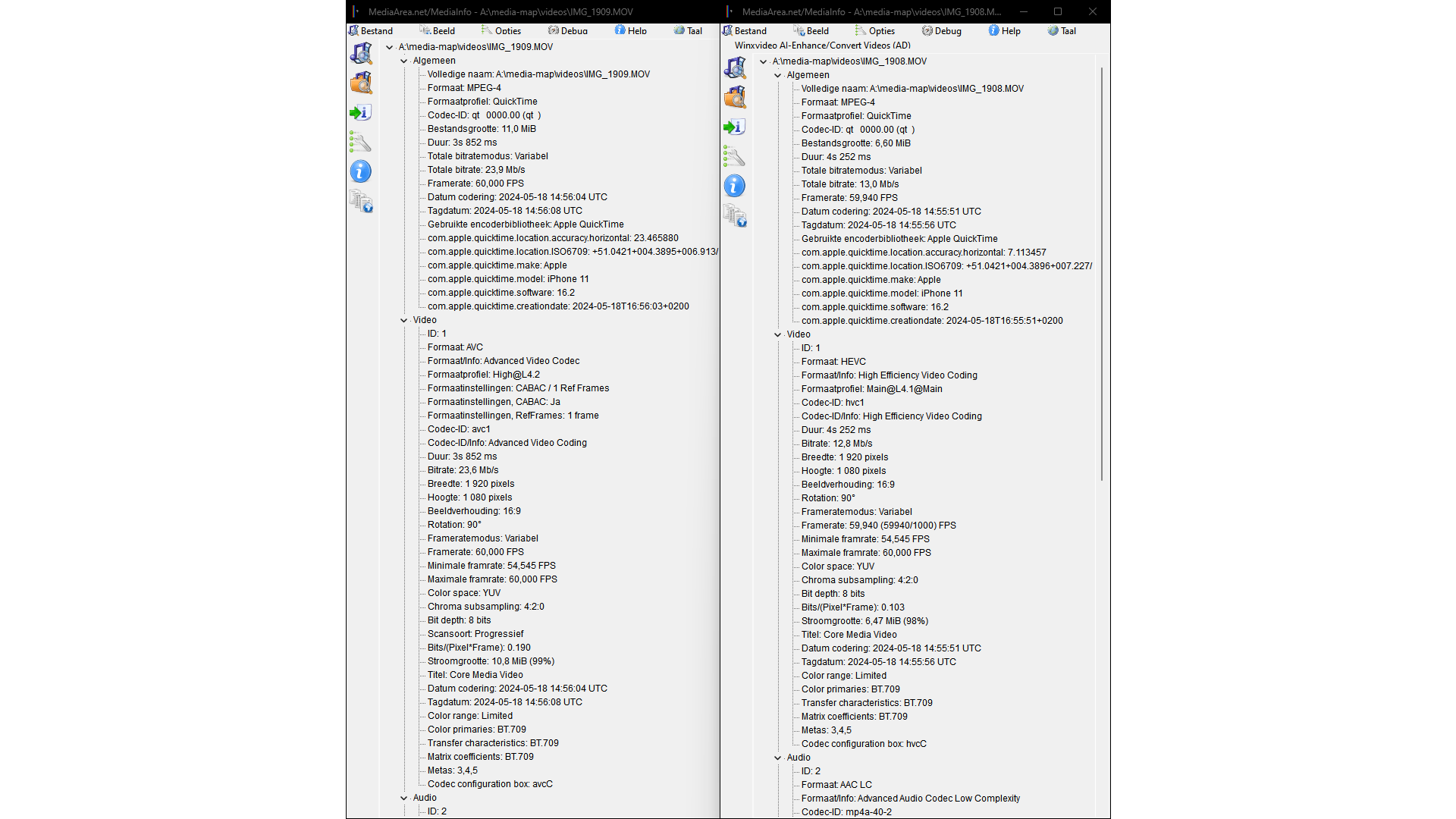 Links: AVC-codec (groter bestand), rechts: HEVC-codec (kleiner bestand, zelfde kwaliteit).
