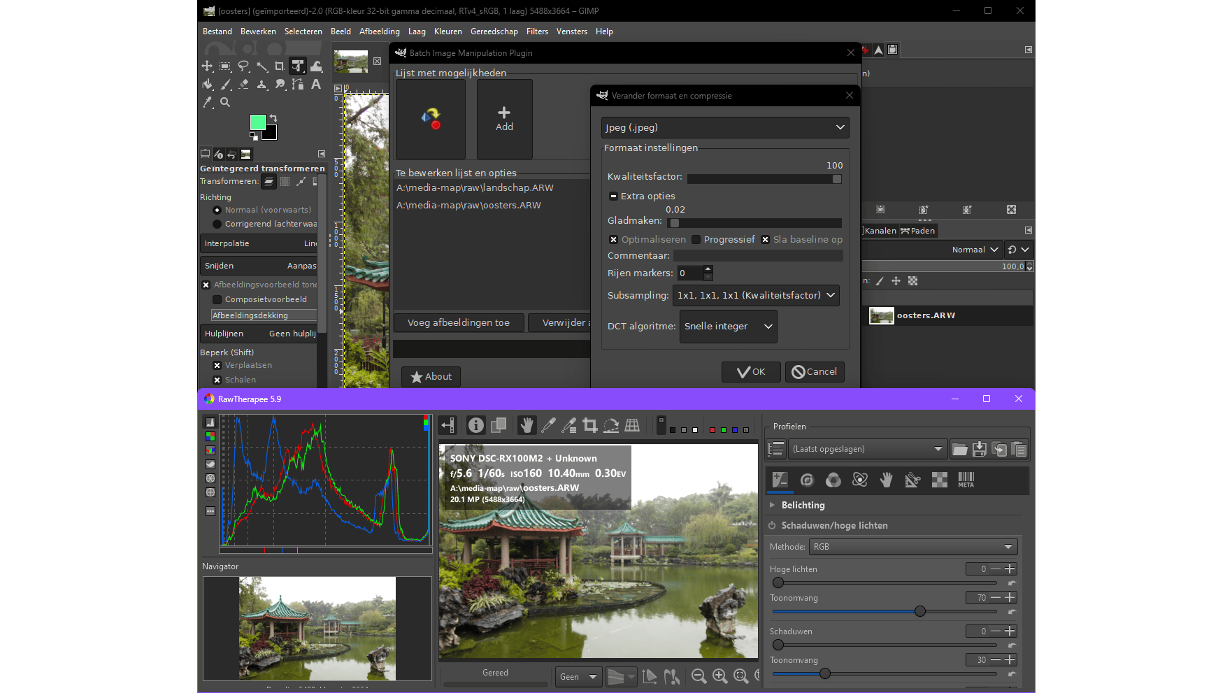 Voor optimale RAW- en TIFF-conversies zet je het best een gespecialiseerde bewerkingstool in (hier: GIMP met BIMP, gecombineerd met RawTherapee).