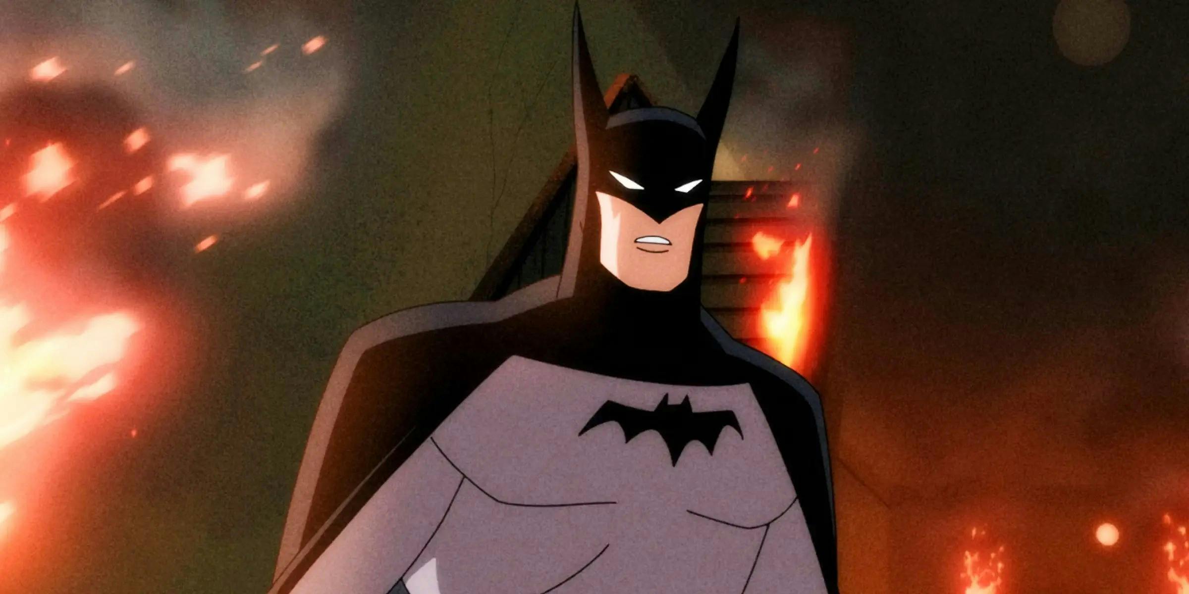 Animatie waarin Batman in een brandende achtergrond voor zich uit staart