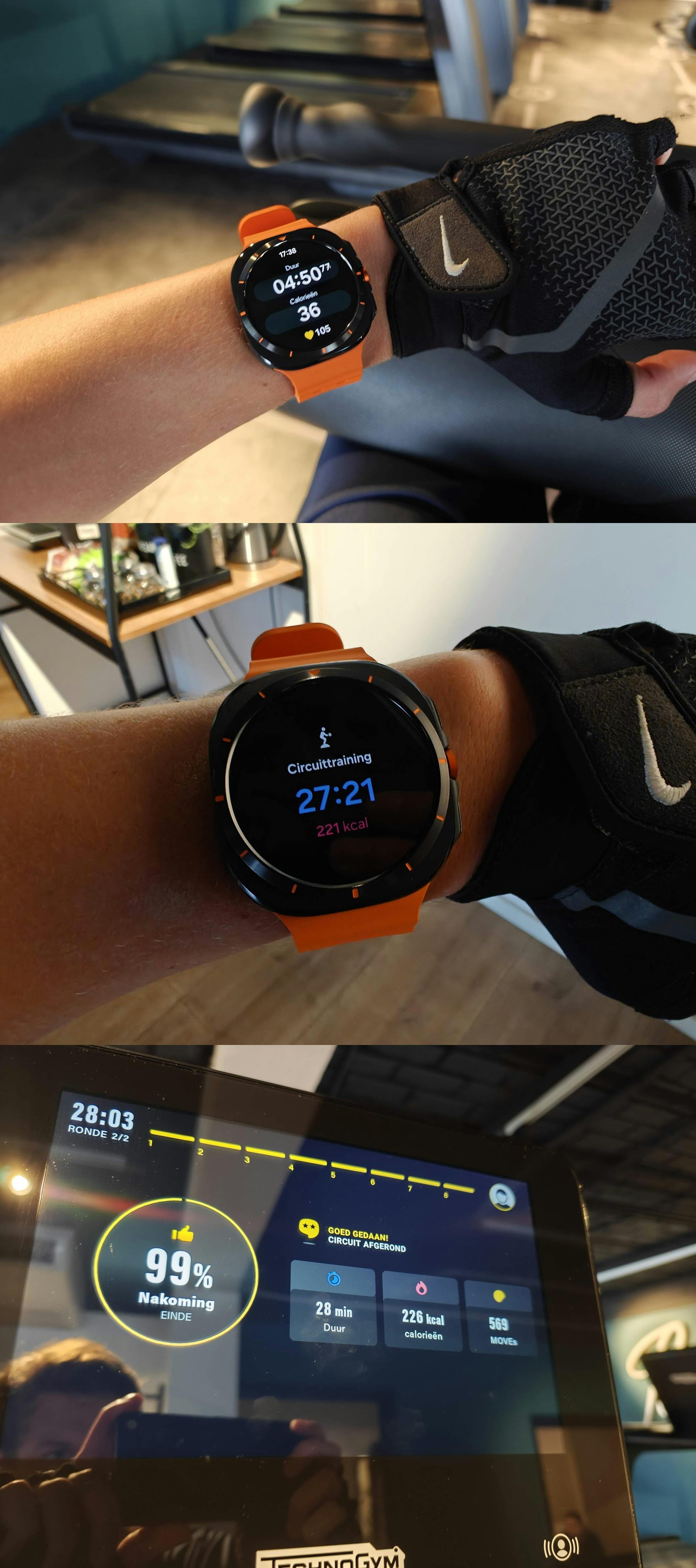 Van boven naar beneden: het horloge tijdens het sporten, de sportstatistieken van het horloge en vervolgens die van de trainingsapparatuur.