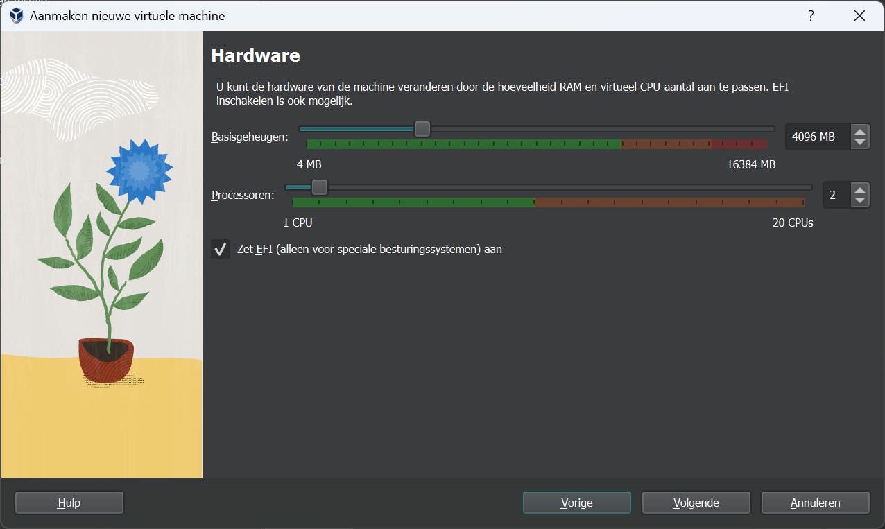 Hoeveel systeembronnen ken je toe aan de virtuele machine?