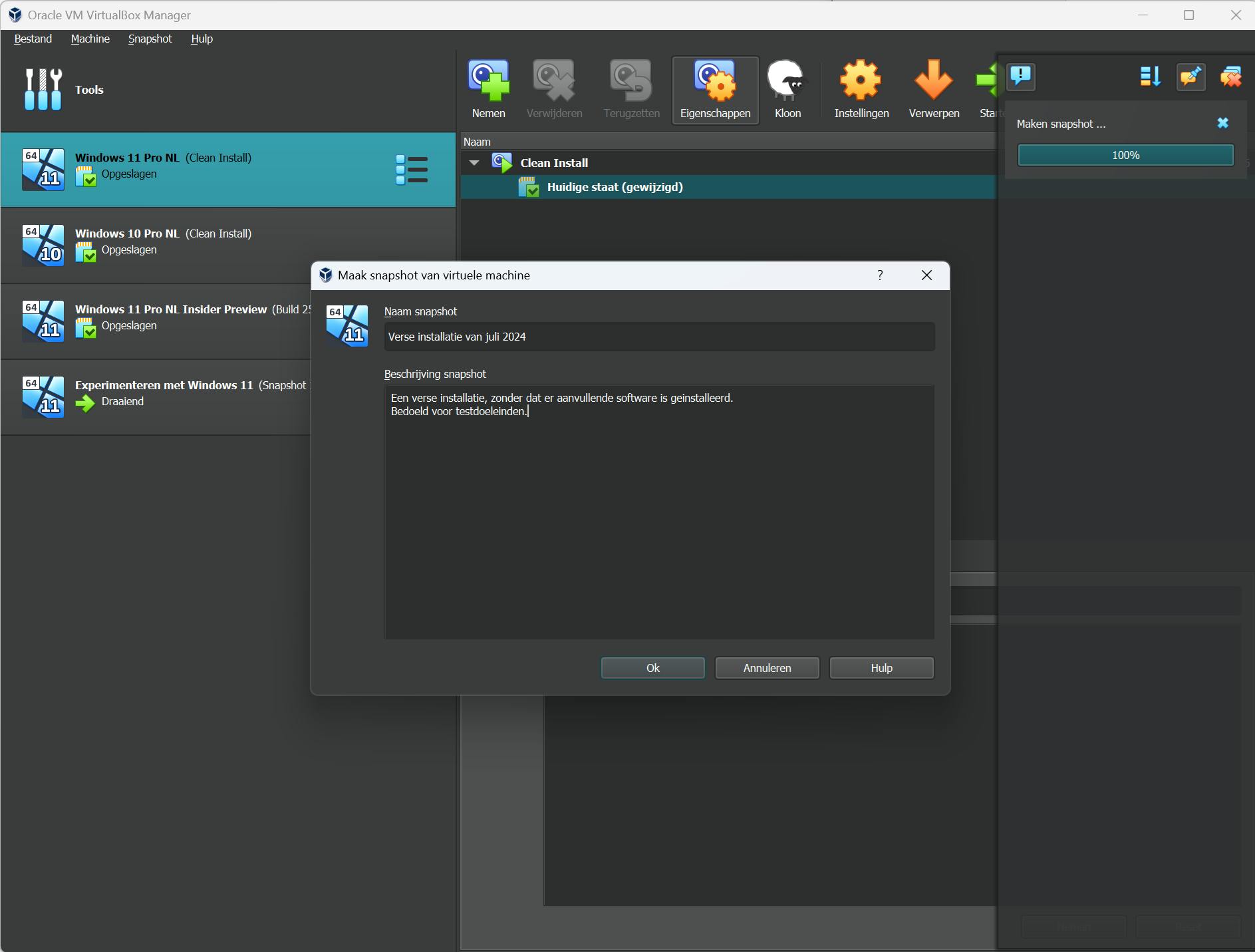 Maak een snapshot van de nieuwe virtuele machine.