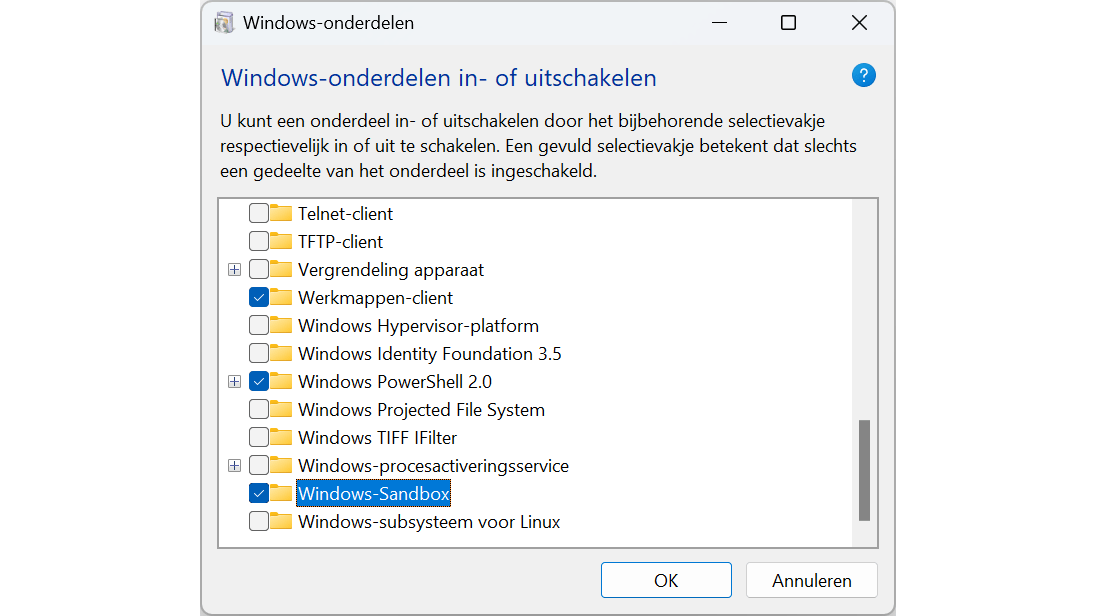 Je kunt Windows Sandbox pas gebruiken nadat je het in Windows Pro expliciet hebt ingeschakeld.