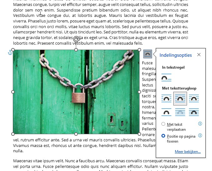 Gebruik de optie Positie op pagina fixeren.