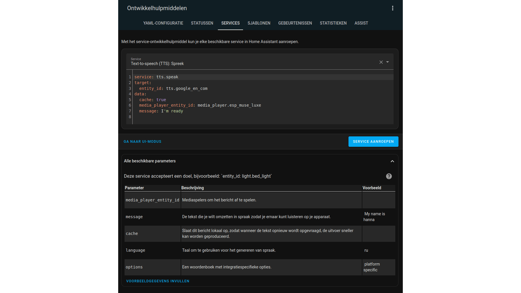 Je kunt spraakberichten via Music Assistant laten horen.