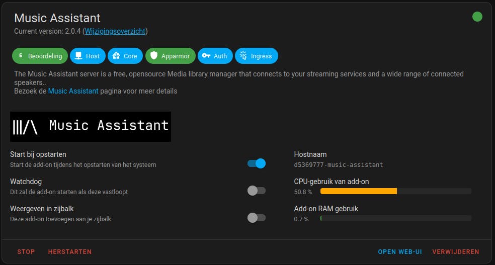Installeer Music Assistant als add-on in het domoticasysteem Home Assistant.