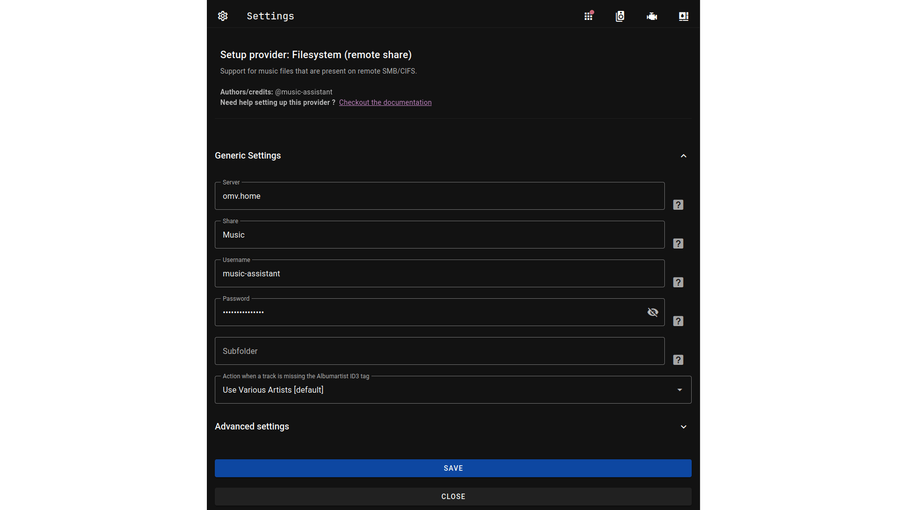 Geef Music Assistant toegang tot muziekbestanden op een netwerkshare.