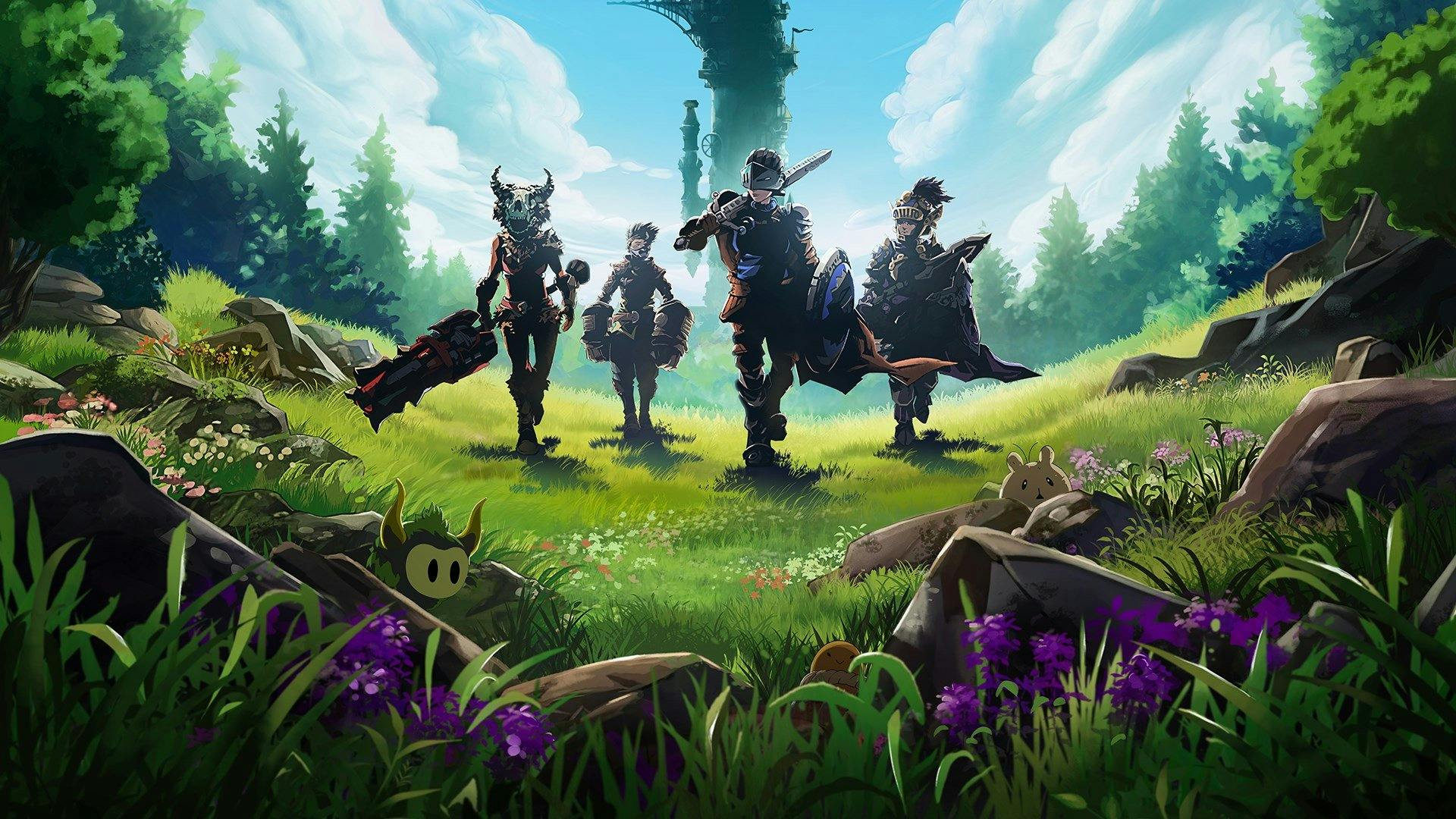 Four rpg characters facing the camera in a forest-like setting