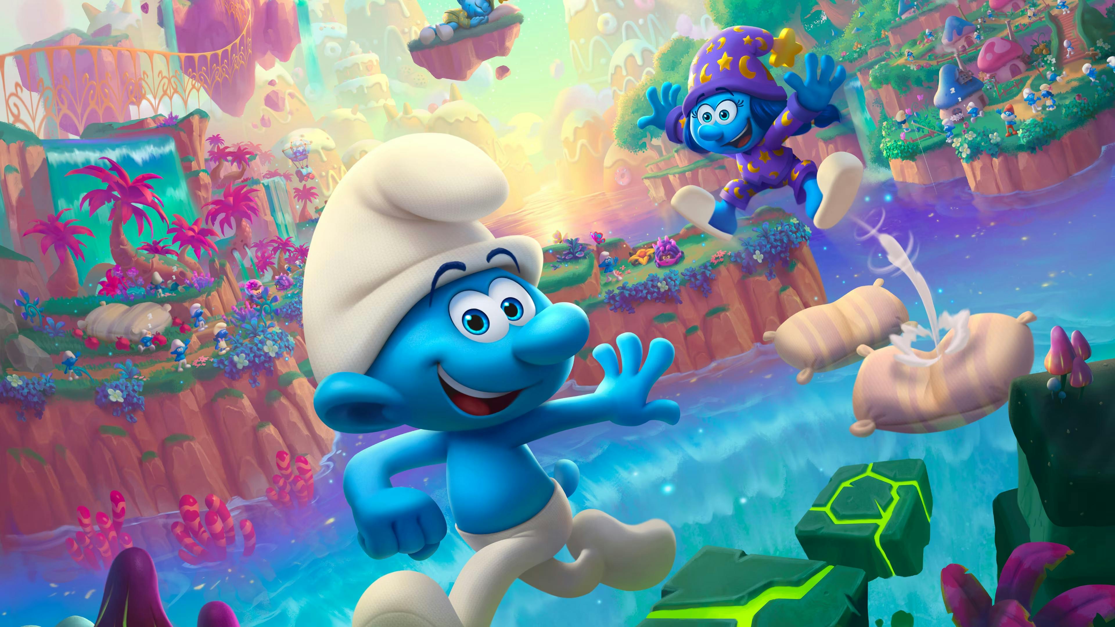 Two smurfs smiling at the camera while platforming over clear blue water