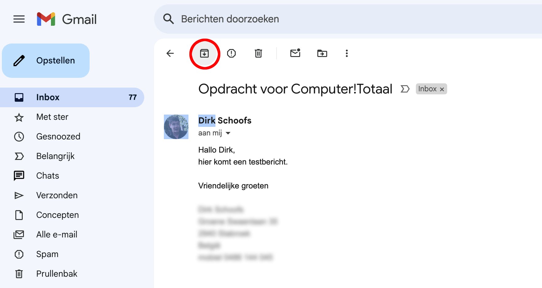 Selecteer het bericht en klik op de knop Archief.