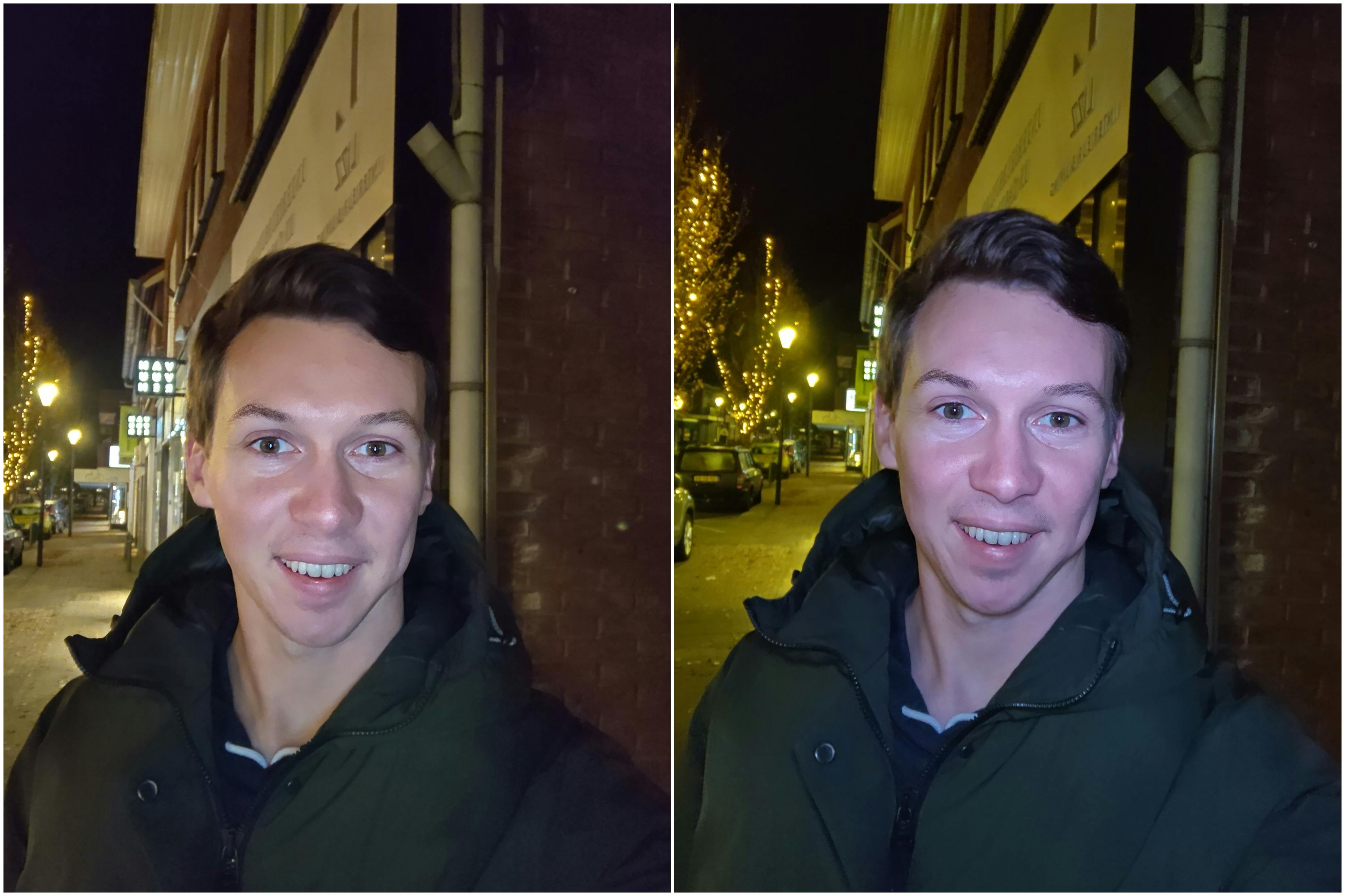 Links een normale selfie, rechts met behulp van de flitsring.