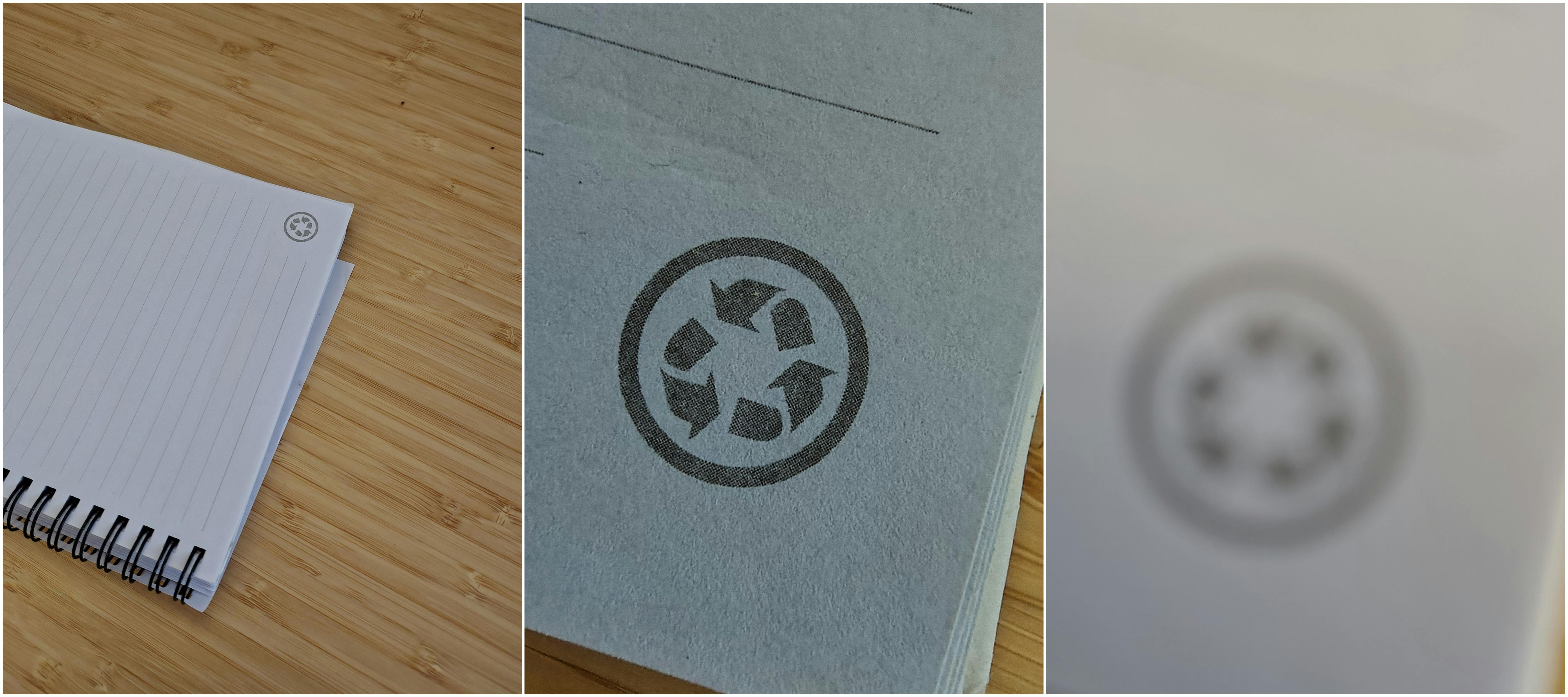 De macromodus legt het kleine logo scherp vast, wat niet lukt met de hoofdcamera (rechts).