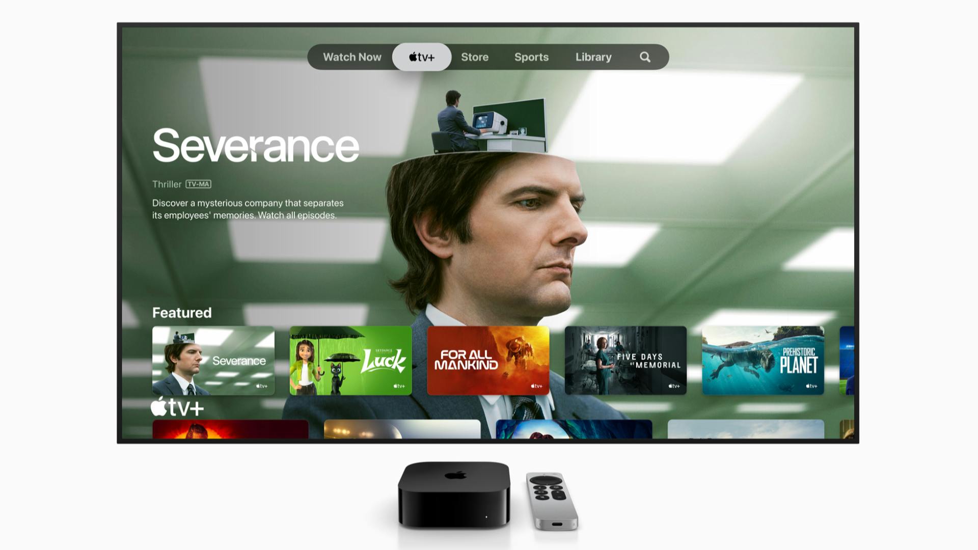 Hoofdscherm van Apple TV met toestel en remote