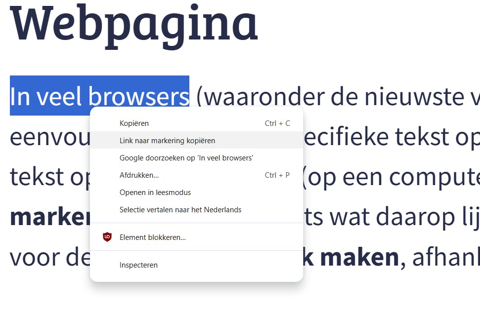 Markeer een stuk tekst, klik met rechts en zoek de optie Link naar markering kopiëren.