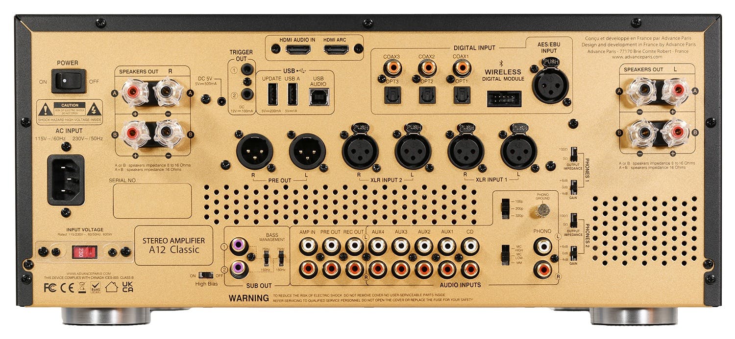 Achterkant van Advance Paris-stereoversterker