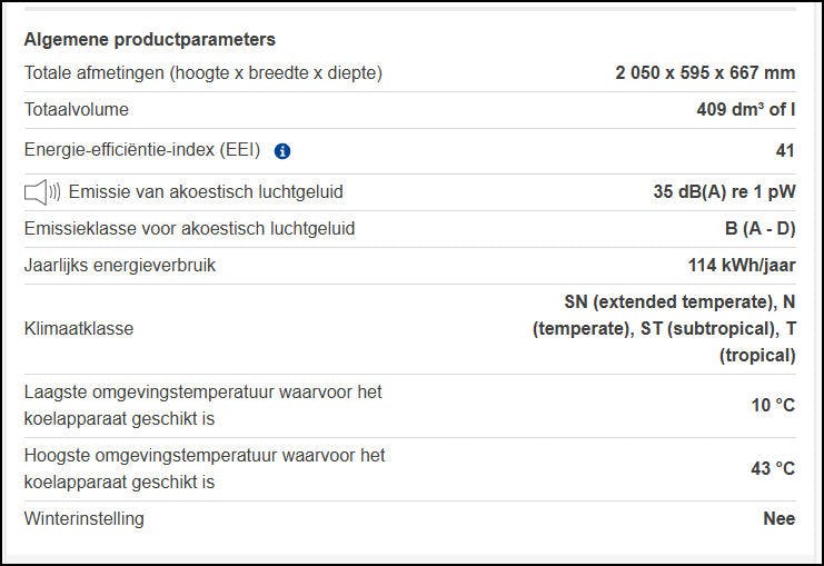 Op het Europees productregister voor energie-etikettering kun je van alle producten zien wat de klimaatklasse en de minimale en maximale temperatuur is waardoor het apparaat geschikt is.