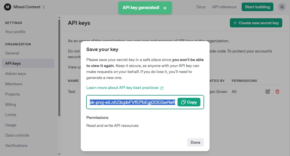 Maak een API-sleutel aan voor toegang tot OpenAI.