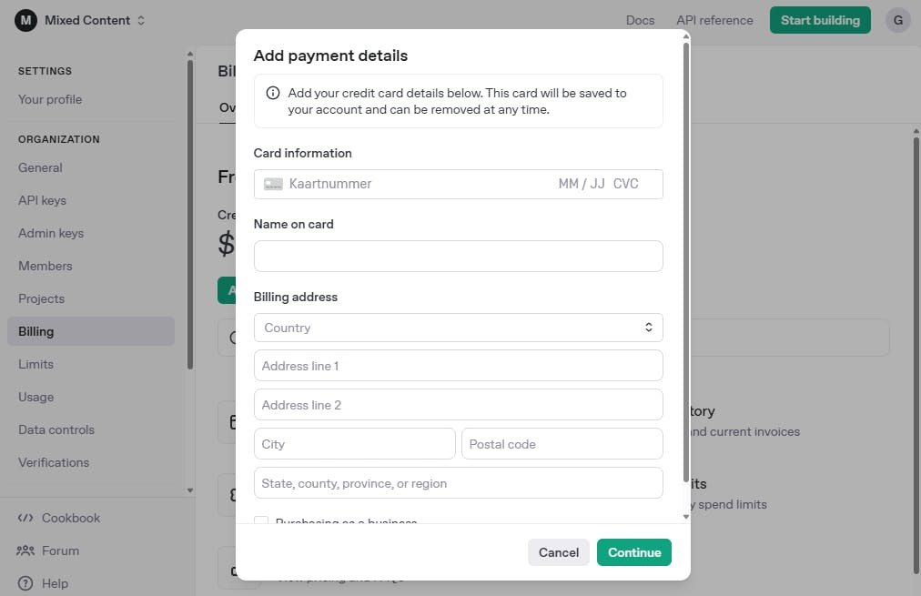 Voeg wat credits toe, zodat je de API van OpenAI kunt gebruiken.
